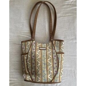 Longaberger Homestead Floral Berry Small Tote Bag Brown Leather Trim USA